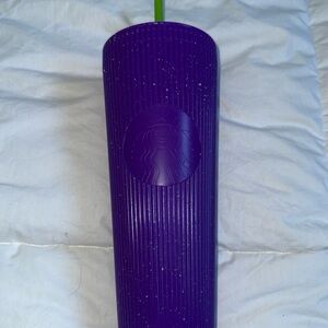Purple Starbucks Tumbler with Green Straw and glows in the dark